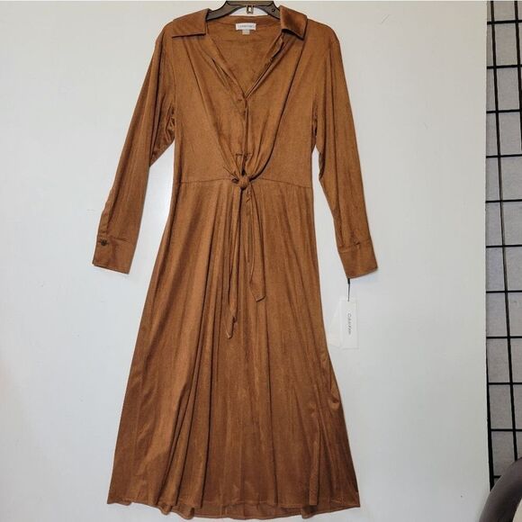 $139 FAUX SUEDE 10 CALVIN KLEIN STRETCH LONG SLEEVE BROWN CAREER MIDI DRESS NWT - Picture 6 of 12